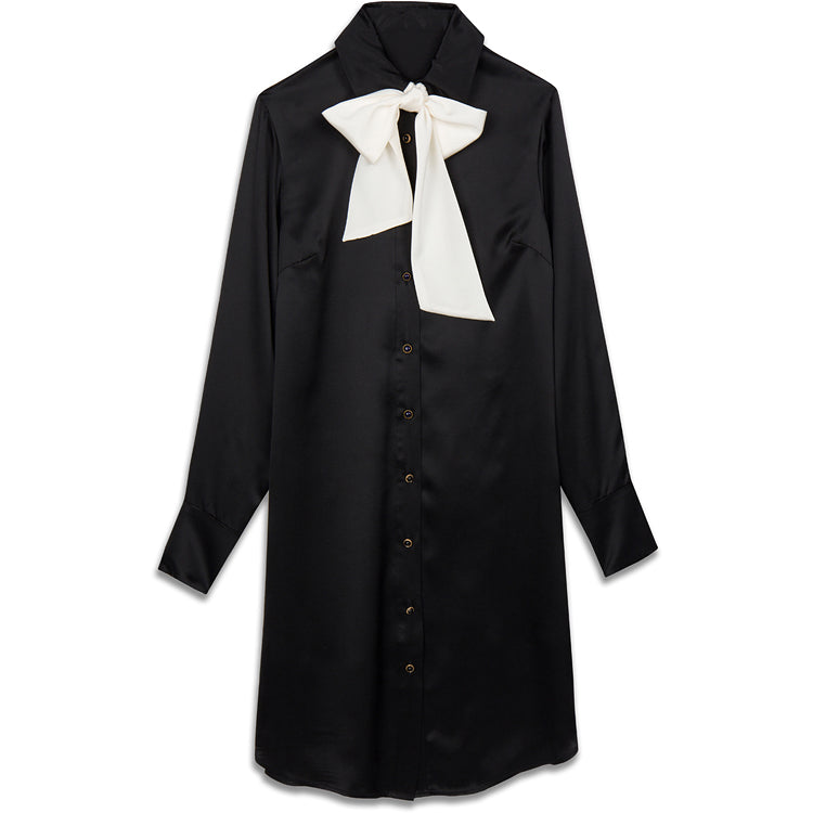 Elevate your wardrobe with this luxurious BLACK SILK BOW TIE DRESS. Crafted from 100% SILK CHARMEUSE, this dress exudes sophistication and elegance. The JEWEL BUTTON adds a touch of glamour, while the JUST ABOVE THE KNEE length flatters your silhouette. Handmade in the USA for the highest quality.