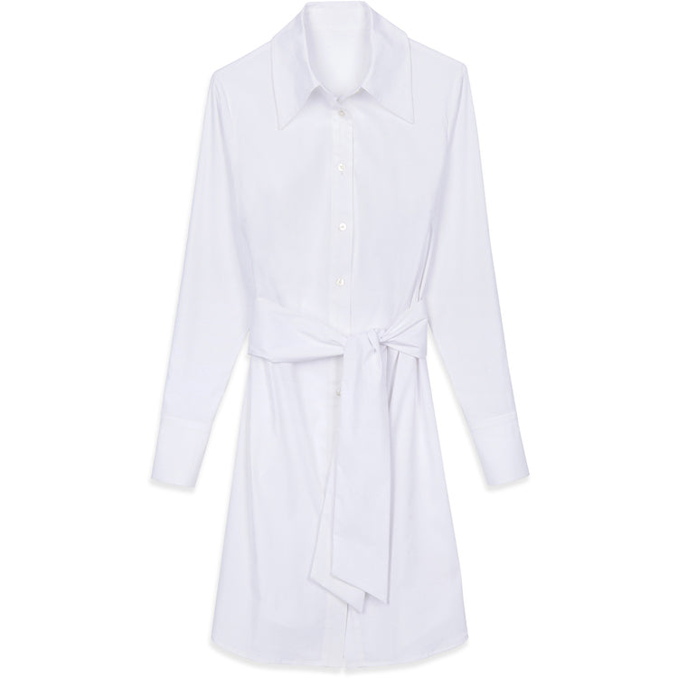 *95% COTTON 5% SPANDEX *BUTTON DOWN *TIE WAIST *COOL COMFORT *KNEE LENGTH *MADE IN THE USA 95% COTTON 5% SPANDEX *BUTTON DOWN *TIE WAIST *COOL COMFORT *KNEE LENGTH *MADE IN THE USA  Stay cool and stylish in this white cotton poplin shirt dress. Made in the USA with 95% cotton and 5% spandex, this dress features a button down design, tie waist for a flattering fit, and knee length for a versatile look. Stay comfortable and fashionable with this dress all day long.