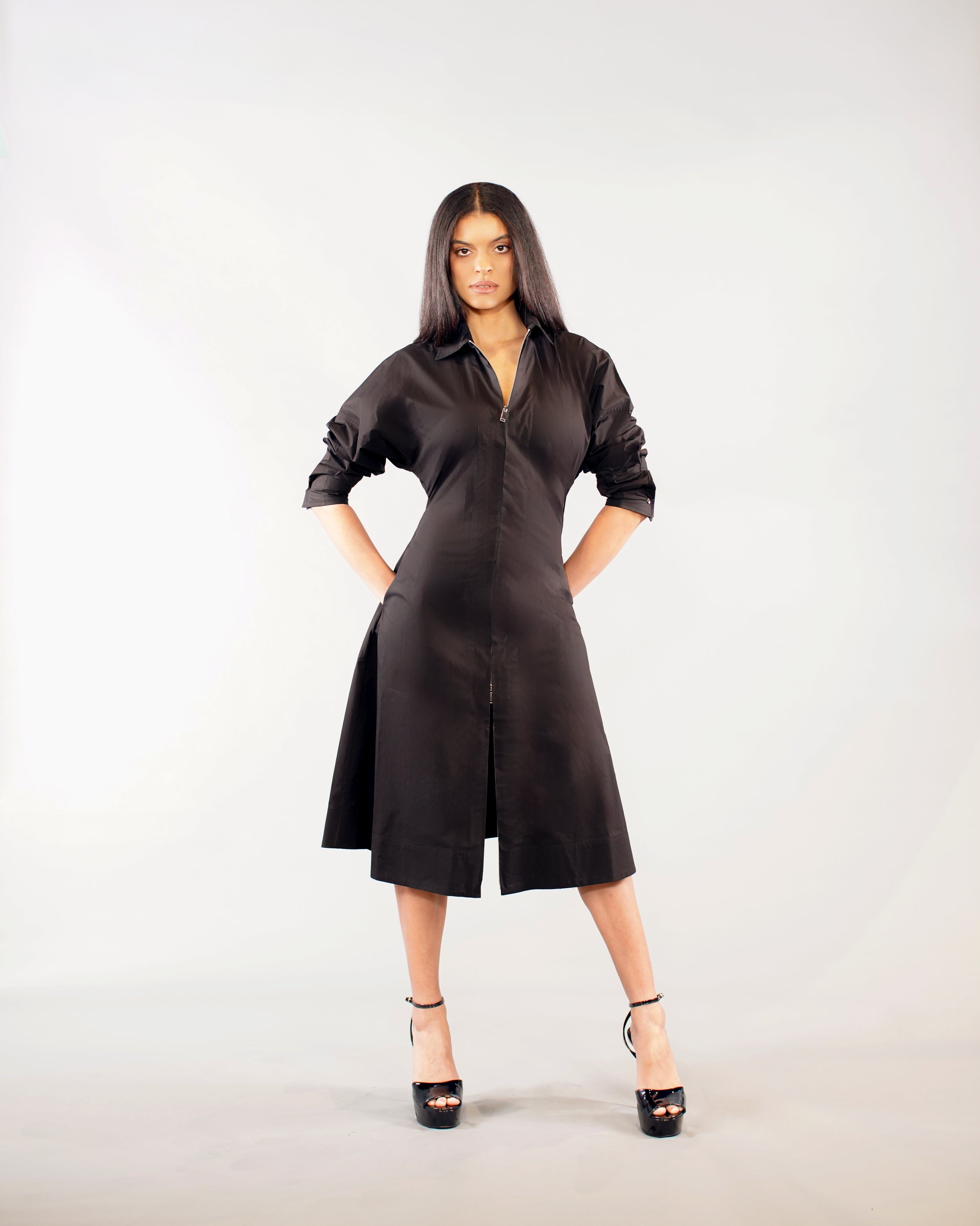 ZIP UP DRESS IN COTTON POPLIN BLACK