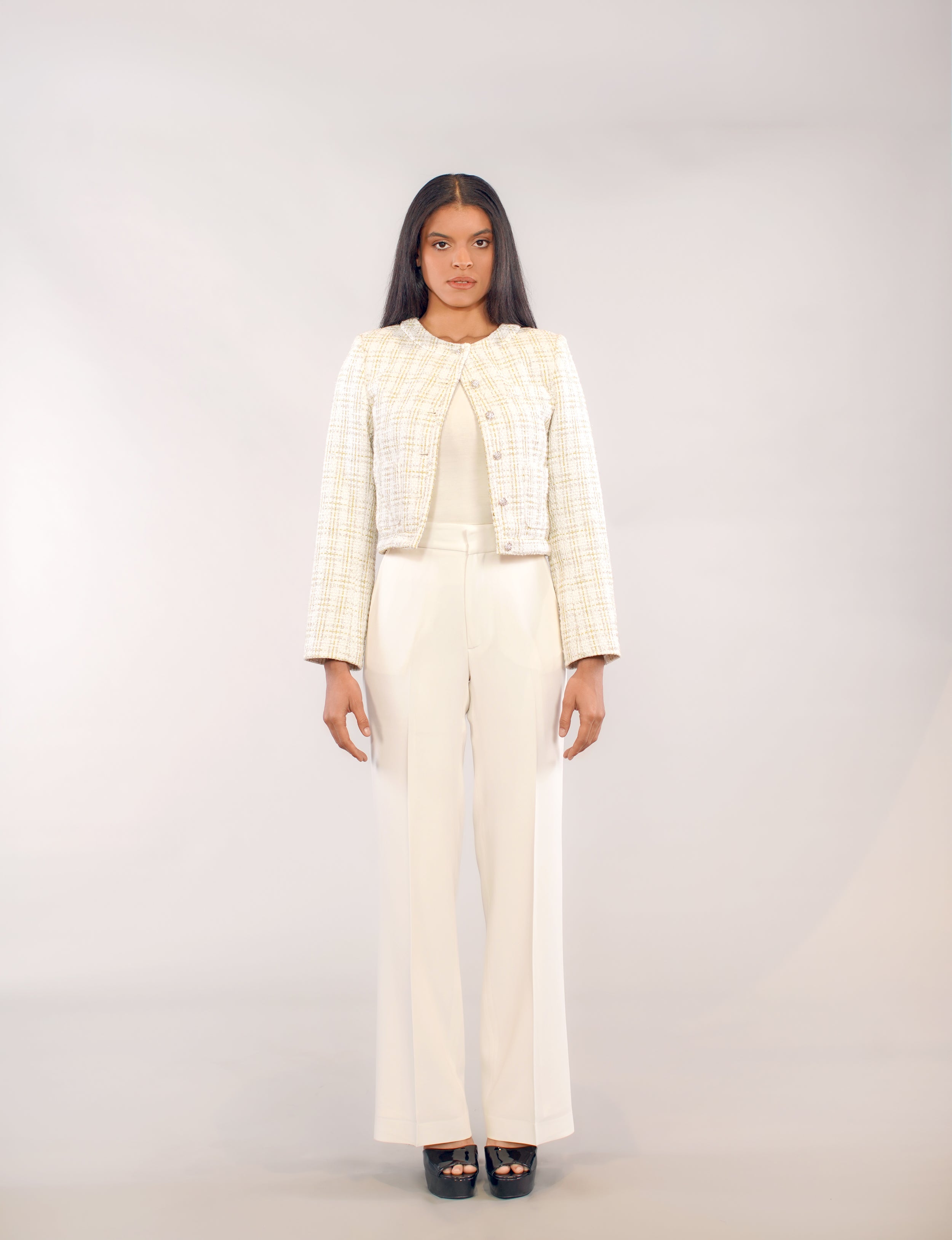 WHITE AND GOLD BOUCLE JACKET