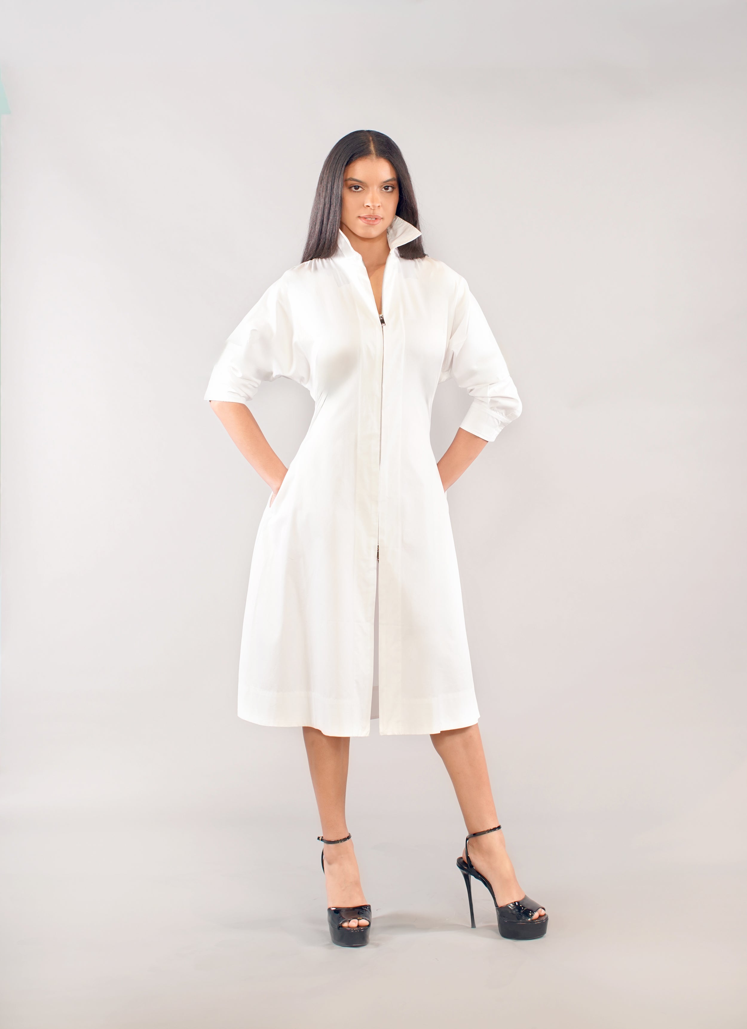 ZIP UP DRESS IN COTTON POPLIN WHITE