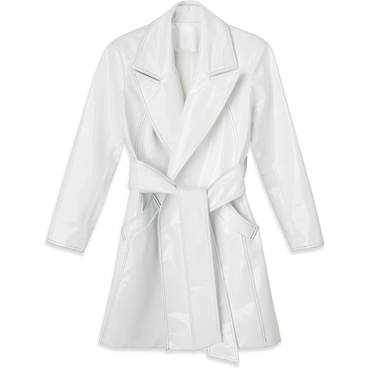 WHITE PATENT LEATHER MID- LENGTH TRENCH COAT /W TIE BELT