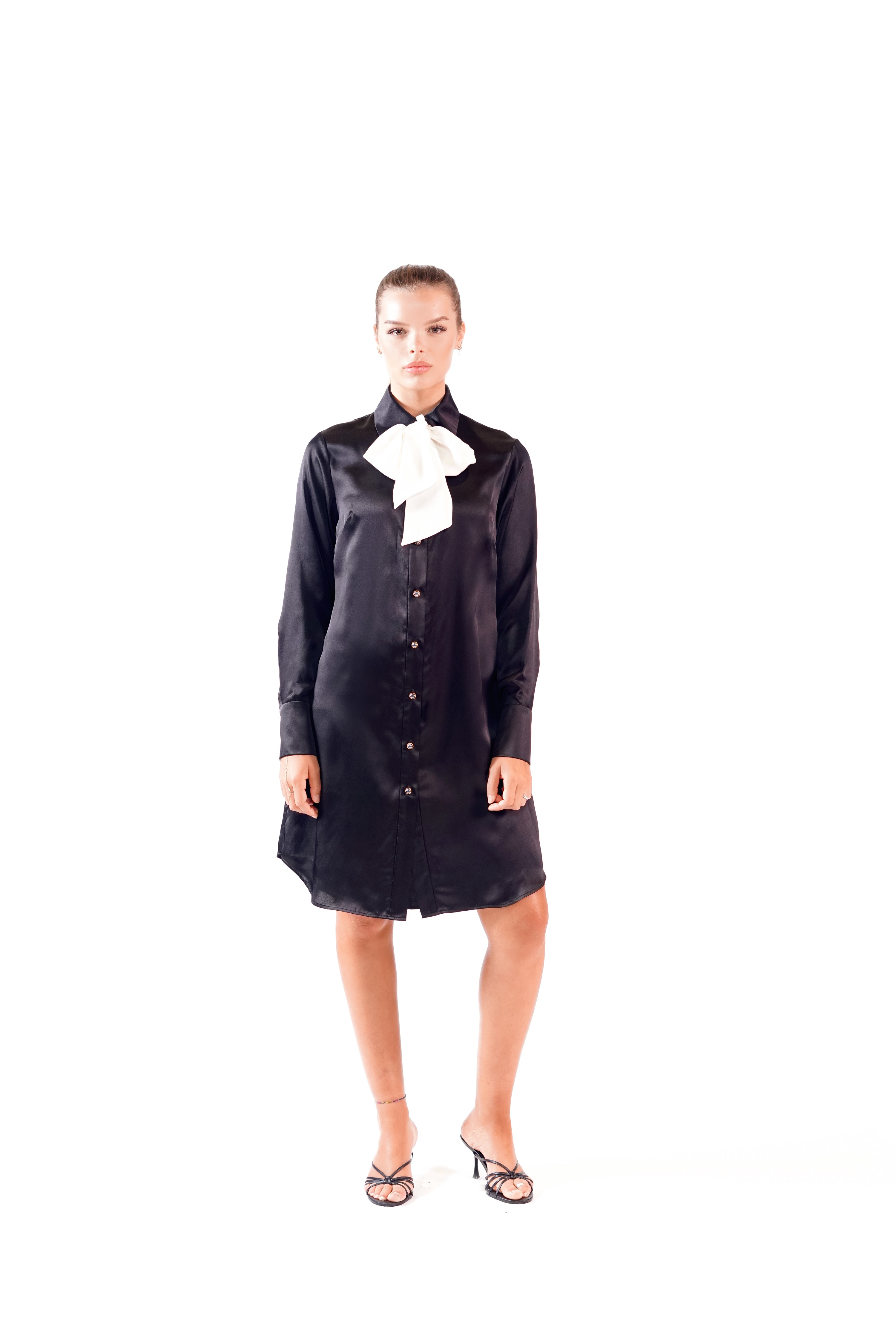 BLACK SILK BOW TIE DRESS W/ CONTRAST BOW