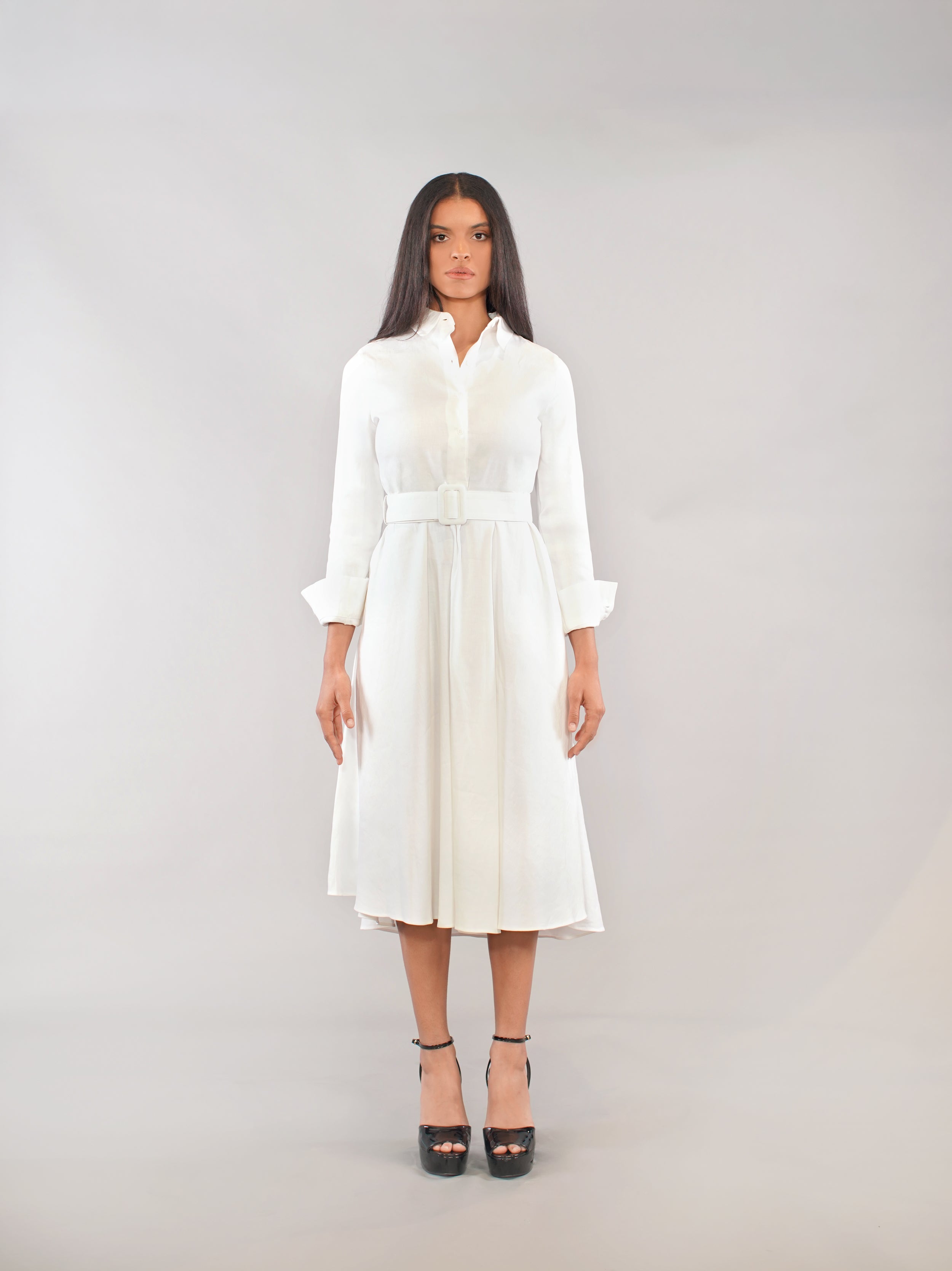 WHITE LONG SLEEVE LINEN DRESS